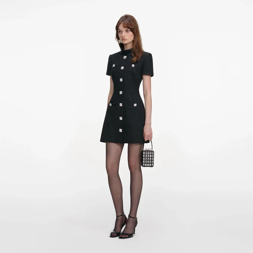 Black Boucle Collared Mini Dress Black Boucle Collared Mini Dress