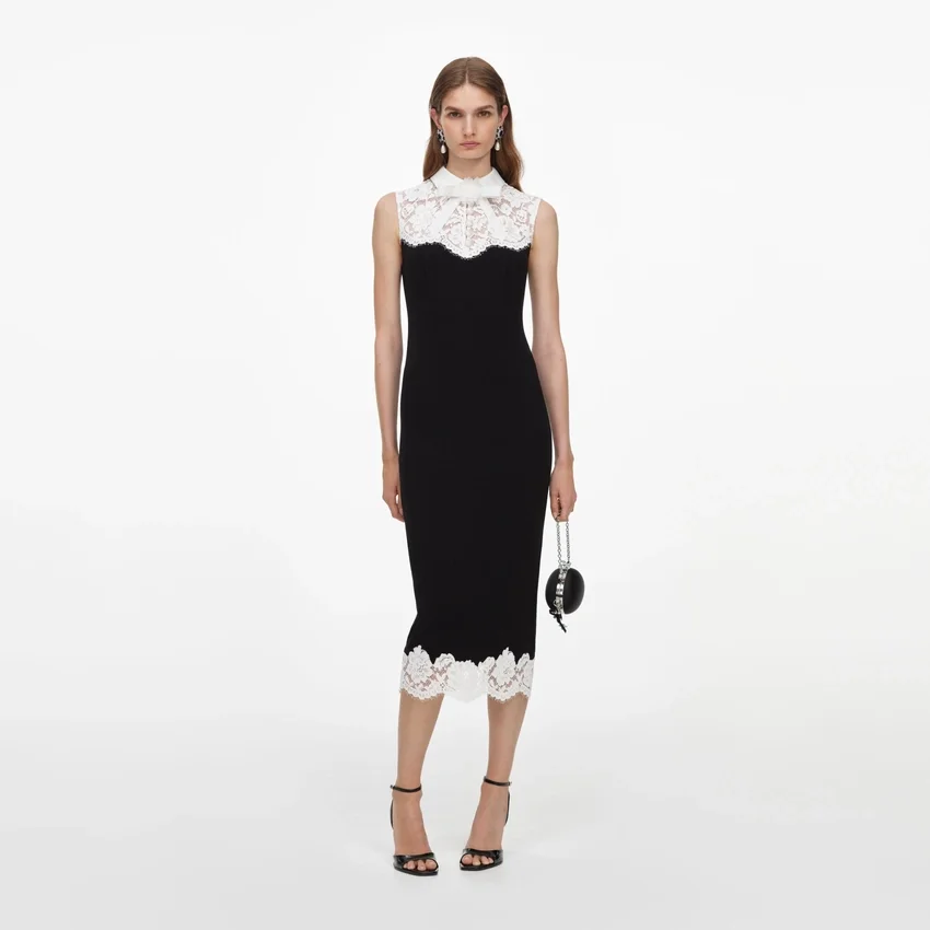 Black Contrast Lace Bodice Midi Dress Black Contrast Lace Bodice Midi Dress