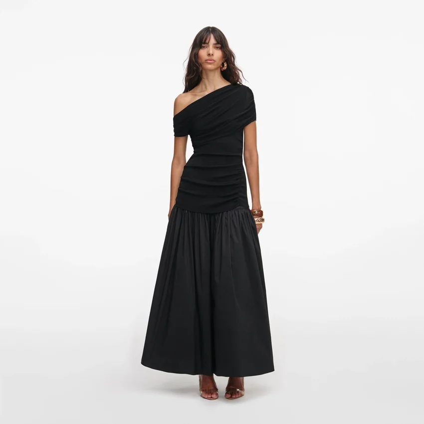 Black Cotton Draped Knit Midi Dress Black Cotton Draped Knit Midi Dress