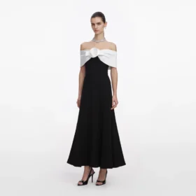 Black Crepe Flower Midi Dress