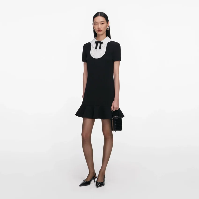 Black Crepe Lace Bib Mini Dress Black Crepe Lace Bib Mini Dress