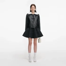 Black Leather Contrast Collar Jacket