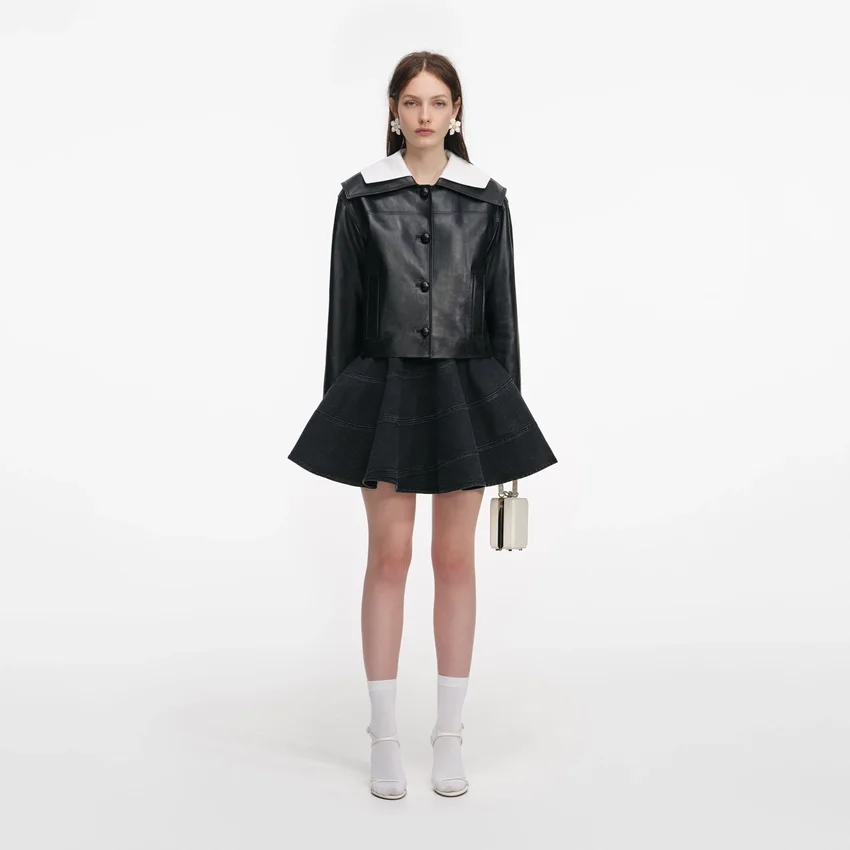 Black Leather Contrast Collar Jacket Black Leather Contrast Collar Jacket