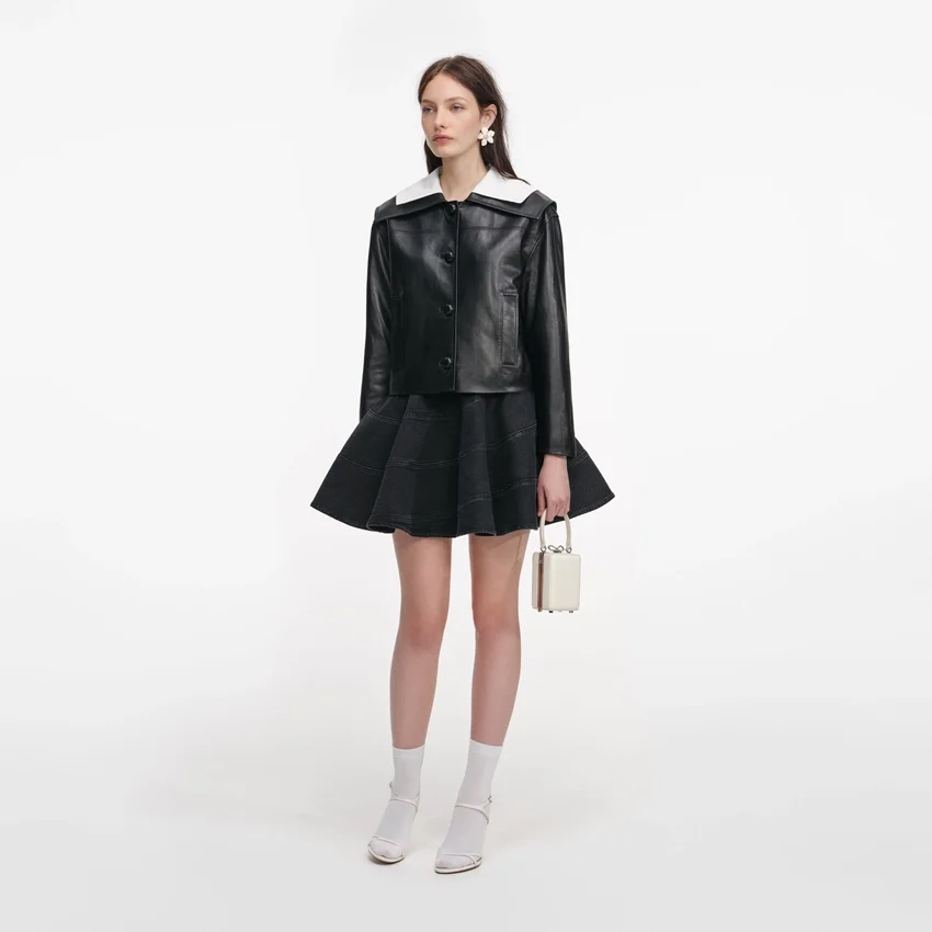 Black Leather Contrast Collar Jacket Black Leather Contrast Collar Jacket