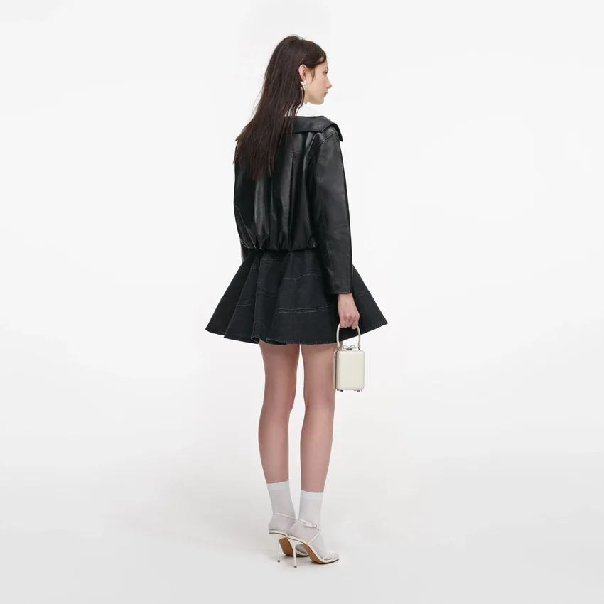 Black Leather Contrast Collar Jacket Black Leather Contrast Collar Jacket