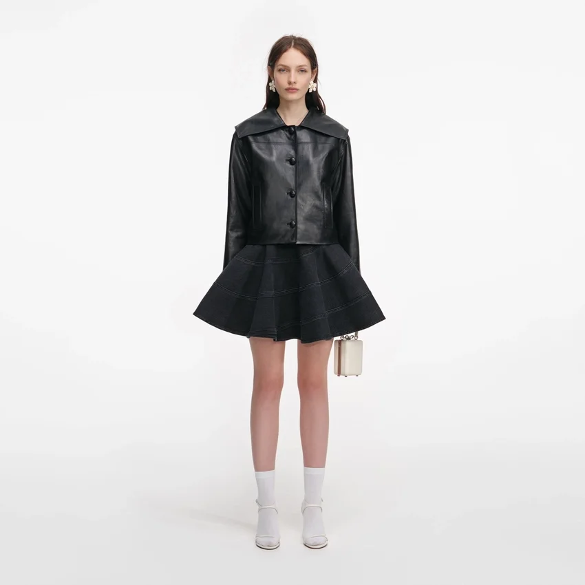 Black Leather Contrast Collar Jacket Black Leather Contrast Collar Jacket