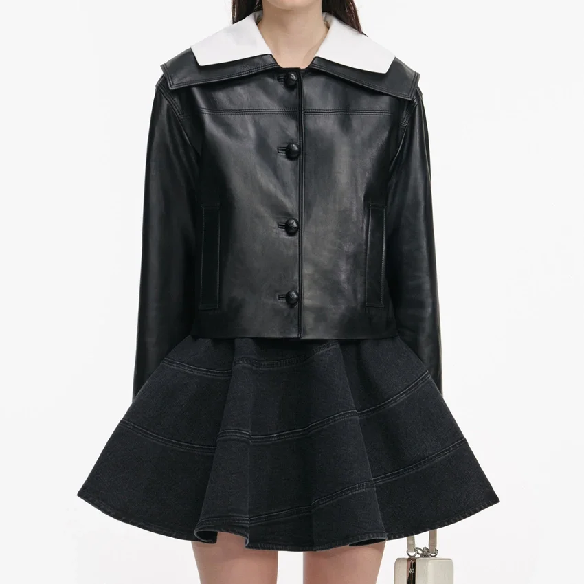Black Leather Contrast Collar Jacket Black Leather Contrast Collar Jacket