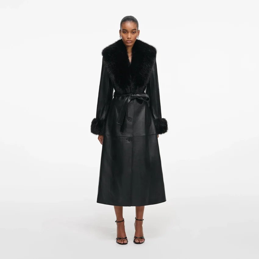 Black Leather Faux Fur Collared Coat Black Leather Faux Fur Collared Coat