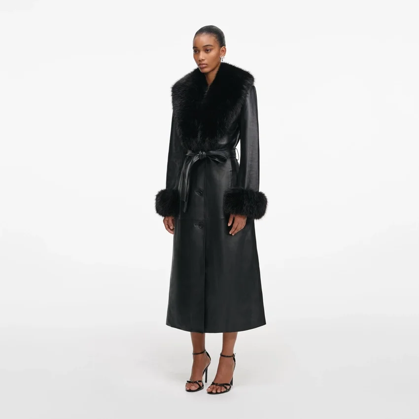 Black Leather Faux Fur Collared Coat Black Leather Faux Fur Collared Coat