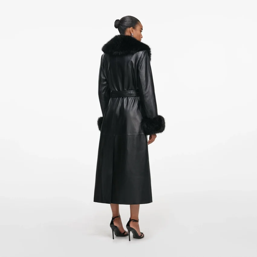 Black Leather Faux Fur Collared Coat Black Leather Faux Fur Collared Coat