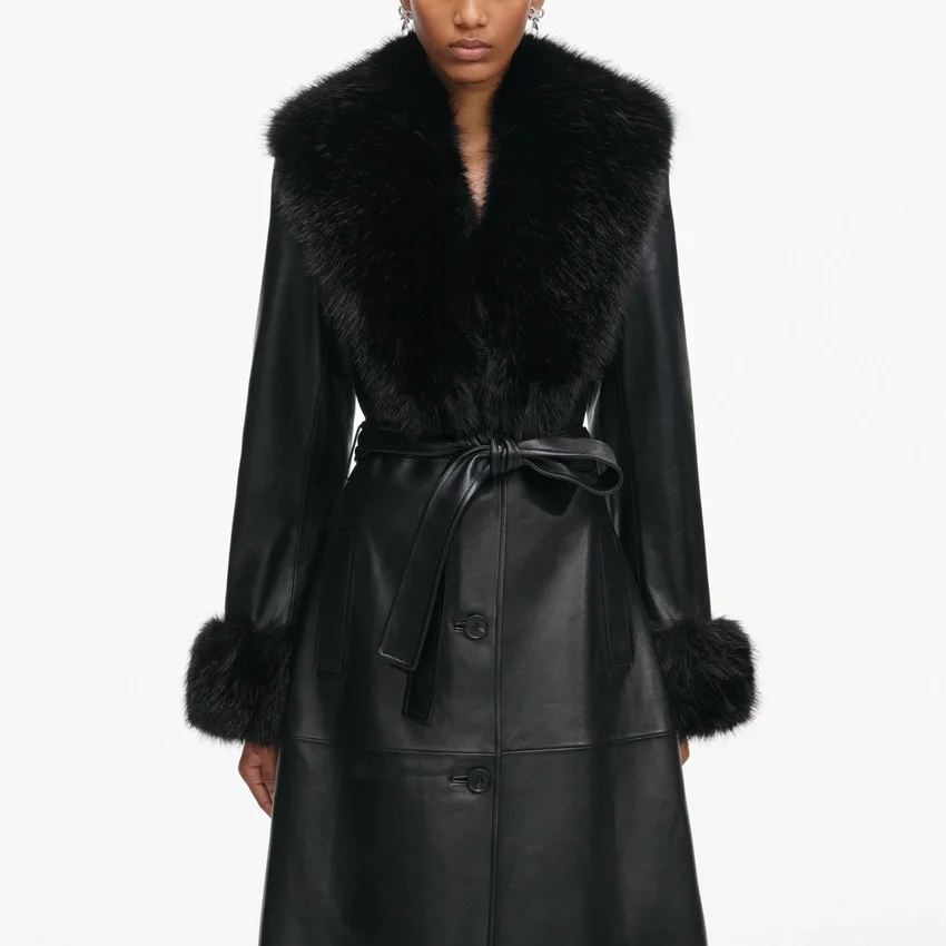Black Leather Faux Fur Collared Coat Black Leather Faux Fur Collared Coat