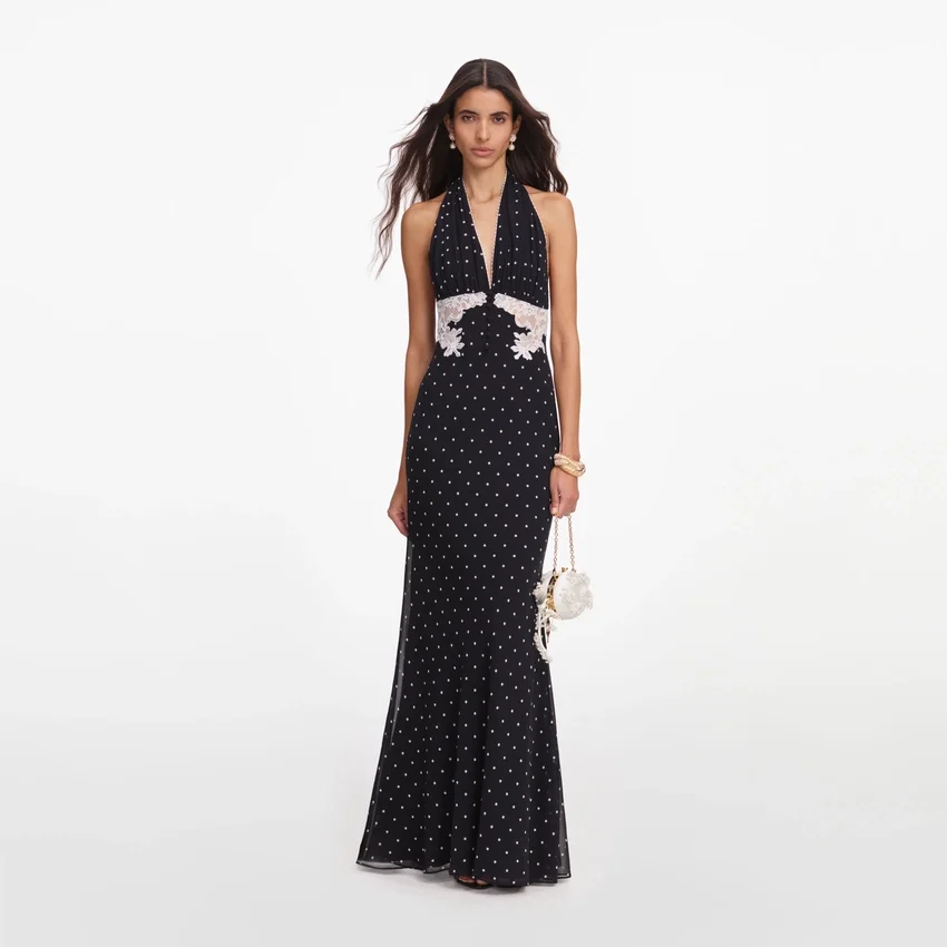 Black Polka Dot Halter Neck Maxi Dress Black Polka Dot Halter Neck Maxi Dress