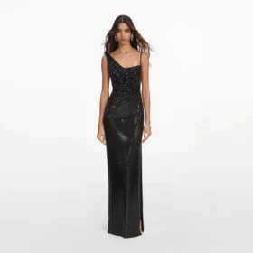 Black Rhinestone Draped Maxi Dress