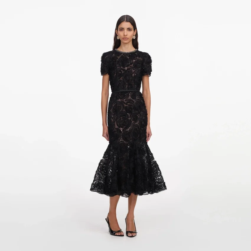 Black Tulle Lace Sequin Midi Dress Black Tulle Lace Sequin Midi Dress