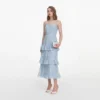 Blue Chiffon Lace Tiered Midi Dress