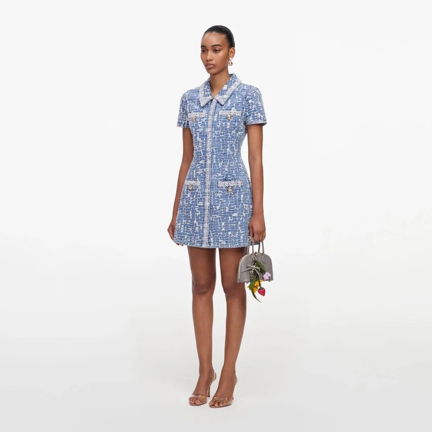 Blue Collared Textured Denim Mini Dress Blue Collared Textured Denim Mini Dress