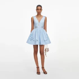 Blue Cotton Embroidered Mini Dress