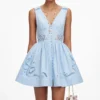 Blue Cotton Embroidered Mini Dress
