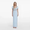 Blue Crepe Embellished Bow Maxi Dress