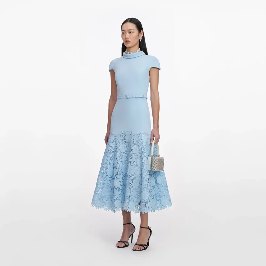 Blue Crepe Lace Midi Dress Blue Crepe Lace Midi Dress