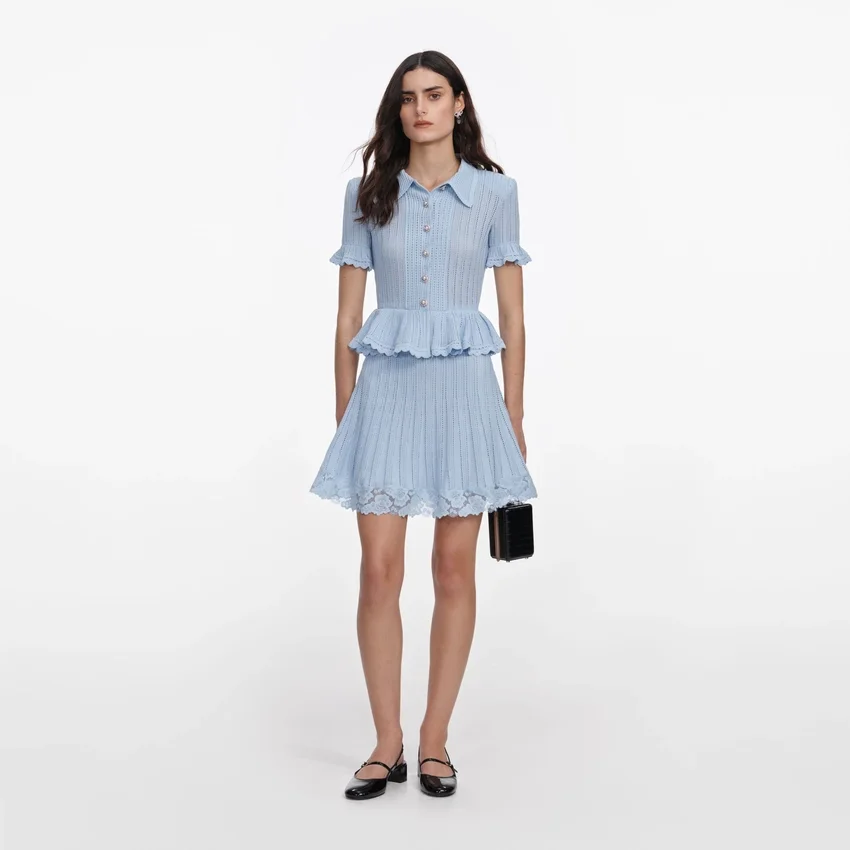 Blue Pointelle Peplum Knit Mini Dress Blue Pointelle Peplum Knit Mini Dress