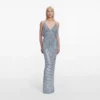 Blue Rhinestone Mesh Maxi Dress