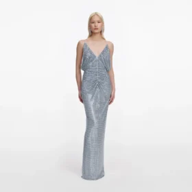 Blue Rhinestone Mesh Maxi Dress