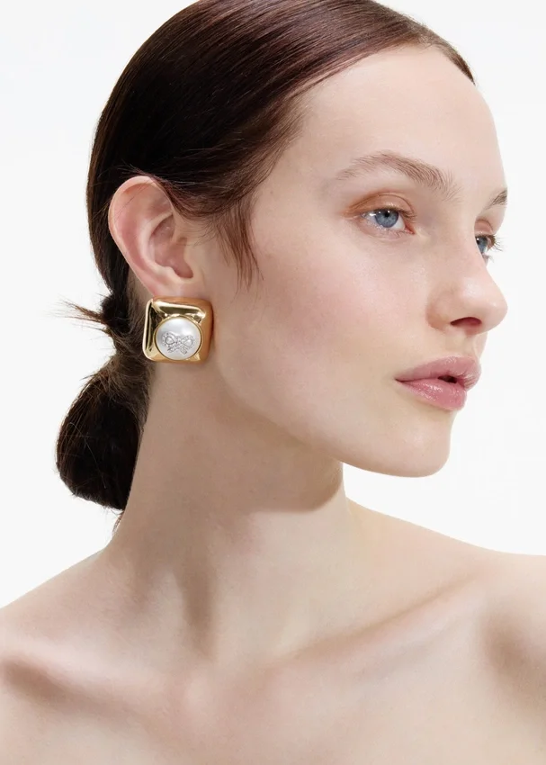 Bow Pearl Gold Square Earrings Bow Pearl Gold Square Earrings