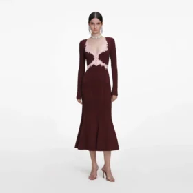 Brown Contrast Lace Knit Midi Dress