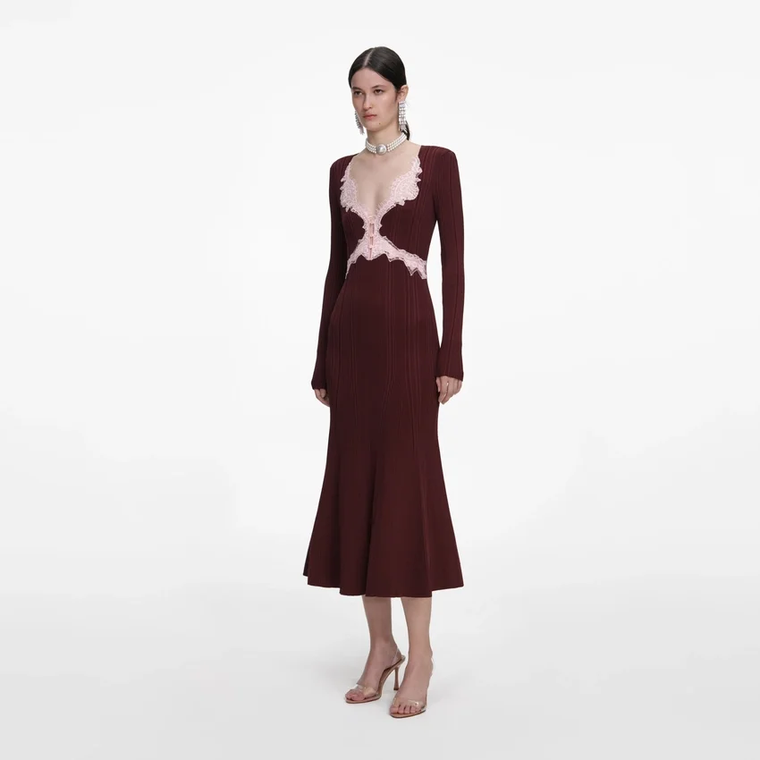 Brown Contrast Lace Knit Midi Dress Brown Contrast Lace Knit Midi Dress