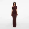 Brown Draped Knit Midi Dress