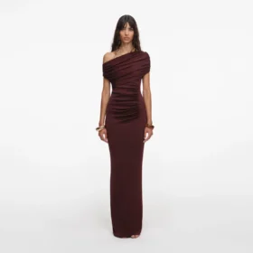 Brown Draped Knit Midi Dress