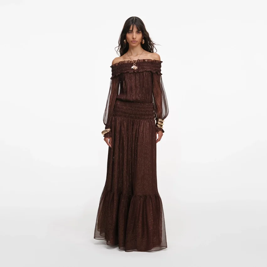 Brown Georgette Off Shoulder Maxi Dress Brown Georgette Off Shoulder Maxi Dress