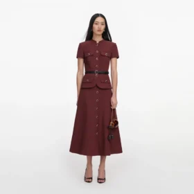 Brown Peplum Linen Blend Midi Dress