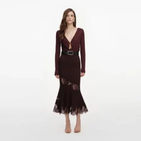 Brown Ribbed Knit Midi Skirt