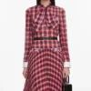 Burgundy Check Chiffon Midi Dress