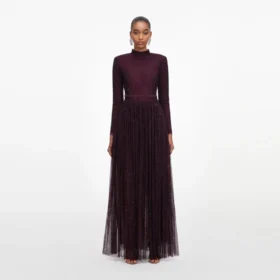 Burgundy Rhinestone Long Sleeve Maxi Dress