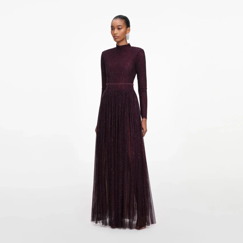 Burgundy Rhinestone Long Sleeve Maxi Dress Burgundy Rhinestone Long Sleeve Maxi Dress