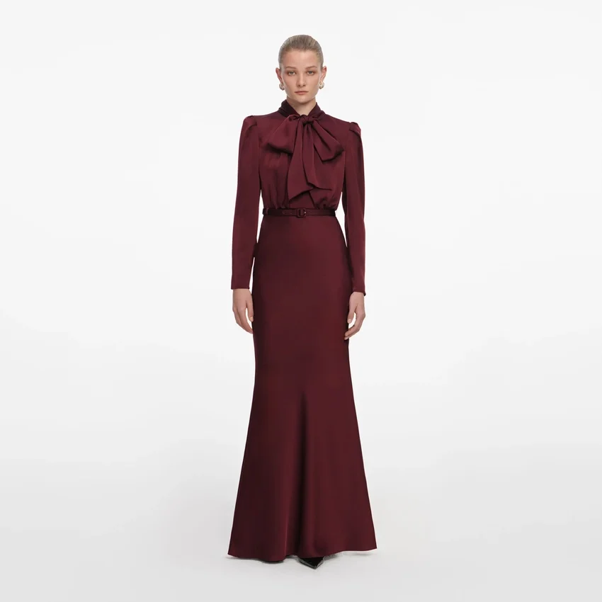 Burgundy Tie Neck Satin Maxi Dress Burgundy Tie Neck Satin Maxi Dress
