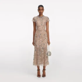 Champagne Sequin Embroidered Midi Dress