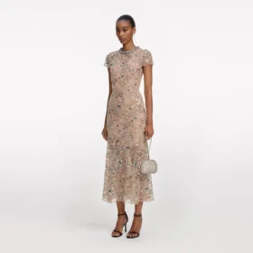 Champagne Sequin Embroidered Midi Dress