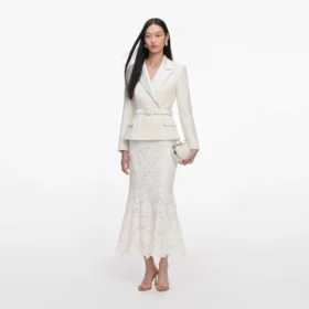 Cream Boucle Flower Lace Midi Dress