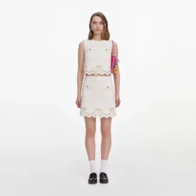 Cream Broderie Denim Mini Skirt