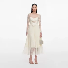 Cream Chiffon Lace Midi Dress