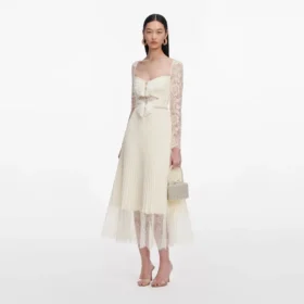 Cream Chiffon Lace Midi Dress