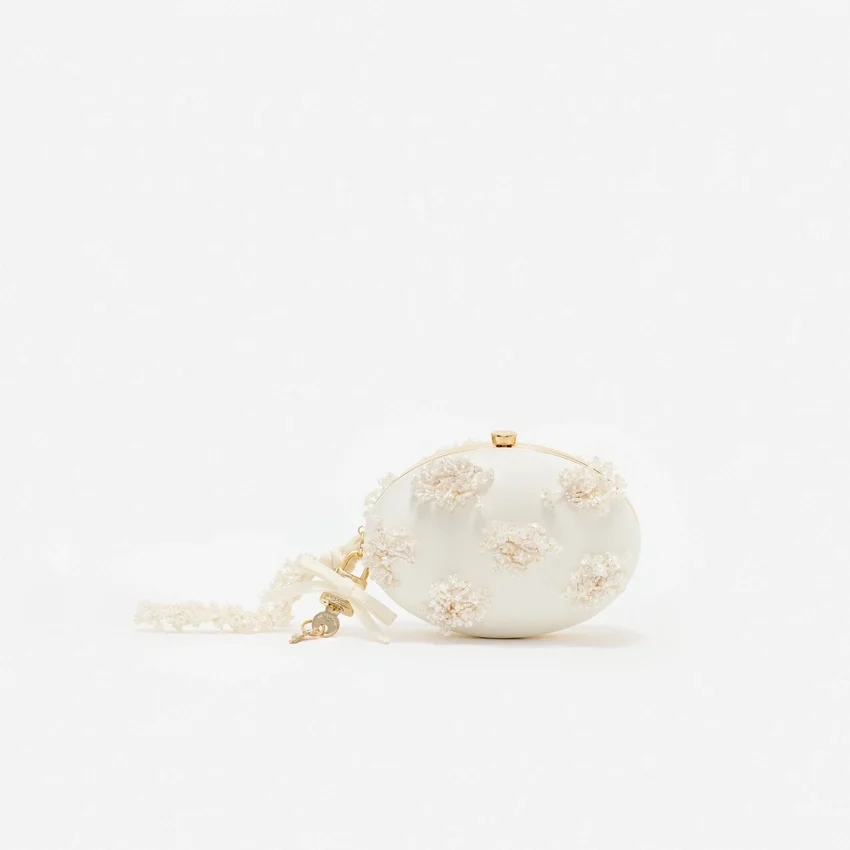 Cream Satin Floral Beaded Oval Clutch Cream Satin Floral Beaded Oval Clutch