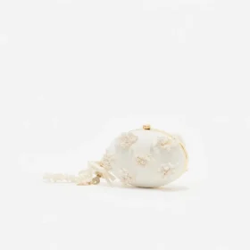 Cream Satin Floral Beaded Oval Clutch