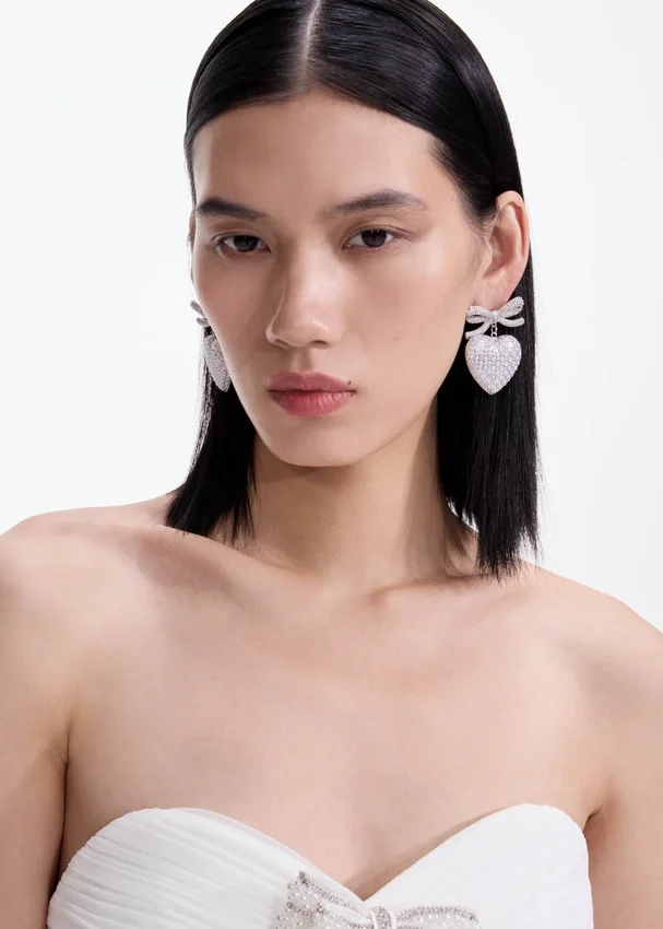 Crystal Bow Pearl Heart Earrings Crystal Bow Pearl Heart Earrings