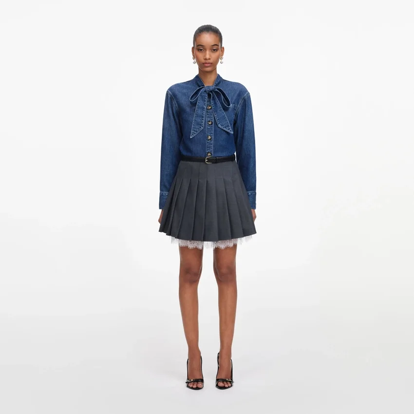 Denim Tie Neck Shirt Denim Tie Neck Shirt