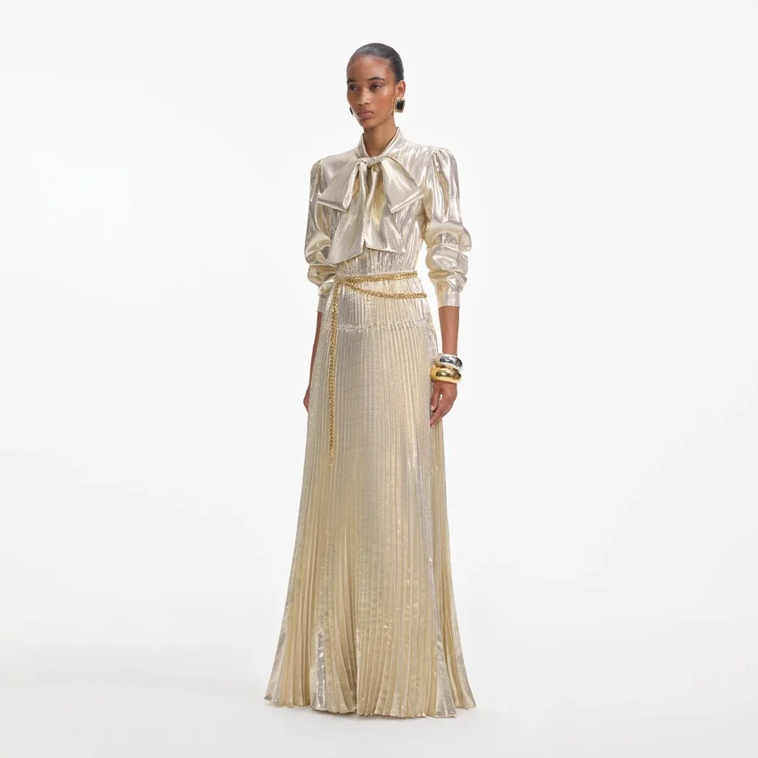 Gold Metallic Tie Neck Maxi Dress Gold Metallic Tie Neck Maxi Dress